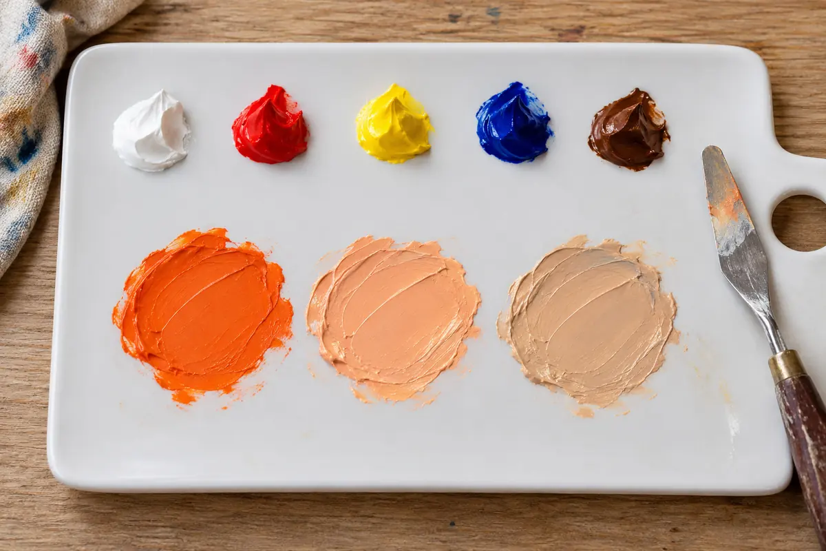 Cómo hacer color piel: mezclas para tonos claros, medios y oscuros 1 Cómo hacer color piel: colores primarios, blanco y marrón en la paleta junto a las primeras mezclas – Totenart
