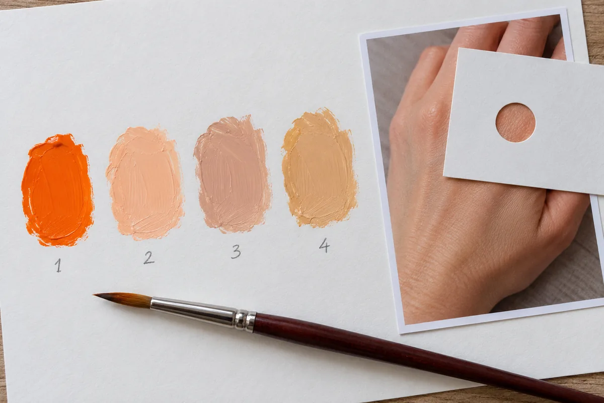 Cómo hacer color piel: mezclas para tonos claros, medios y oscuros 2 Mezcla de color piel paso a paso y comparación con la mano a través de una tarjeta perforada – Totenart