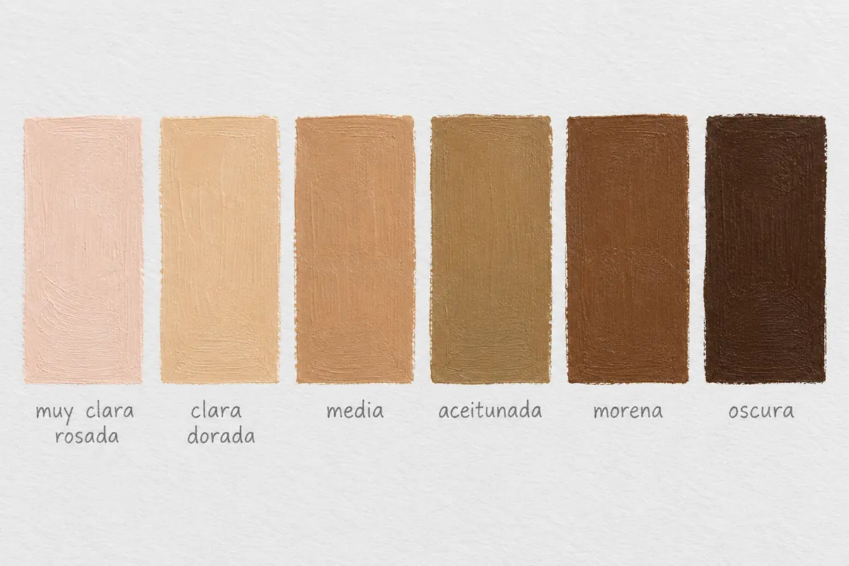 Cómo hacer color piel: mezclas para tonos claros, medios y oscuros 3 Muestras de tonos de piel pintados, de muy clara rosada a oscura – Totenart