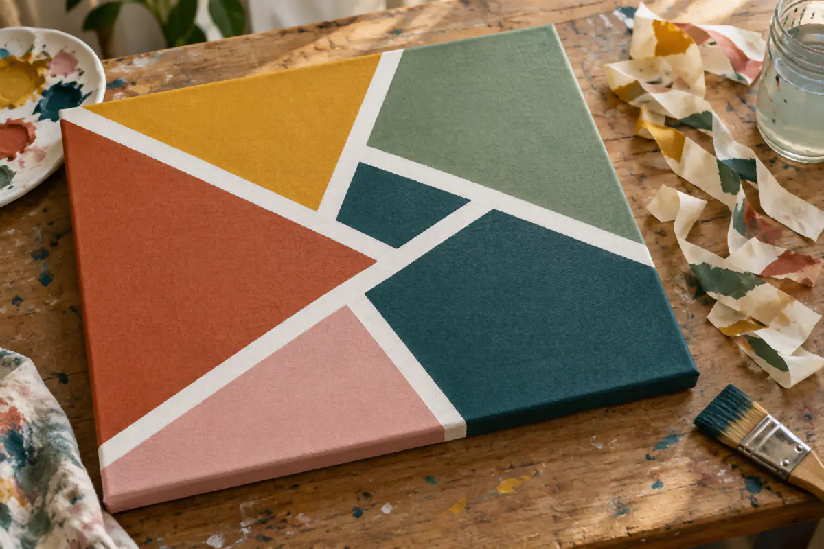Ideas para pintar en lienzo: 20 cuadros fáciles para empezar 2 Ideas para pintar en lienzo: abstracto geométrico hecho con cinta de carrocero – Totenart