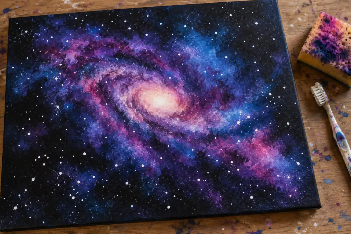 Ideas para pintar en lienzo: 20 cuadros fáciles para empezar 6 Lienzo con una galaxia pintada con esponja y estrellas salpicadas con un cepillo – Totenart