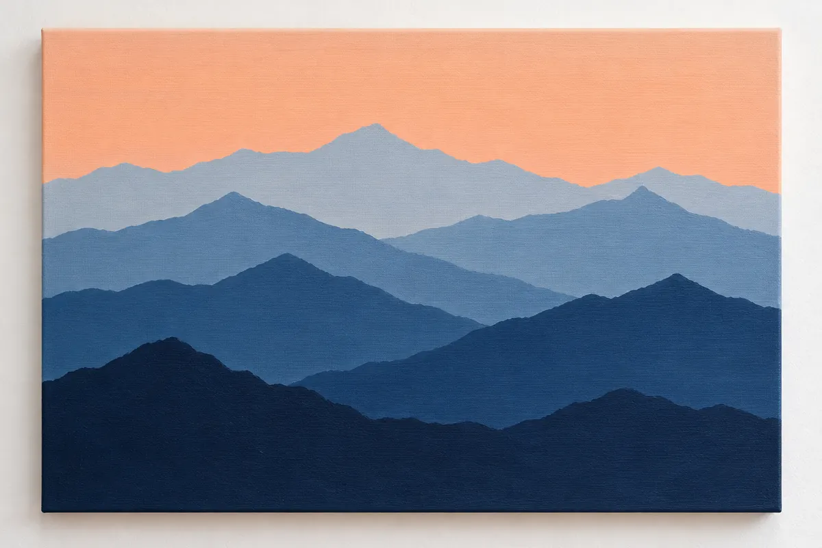 Ideas para pintar en lienzo: 20 cuadros fáciles para empezar 5 Lienzo con cordilleras superpuestas en capas de azules, de claro a oscuro – Totenart