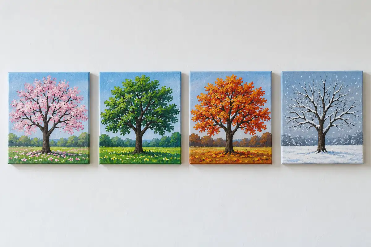 Ideas para pintar en lienzo: 20 cuadros fáciles para empezar 7 Serie de cuatro mini lienzos con el mismo árbol en cada estación del año – Totenart