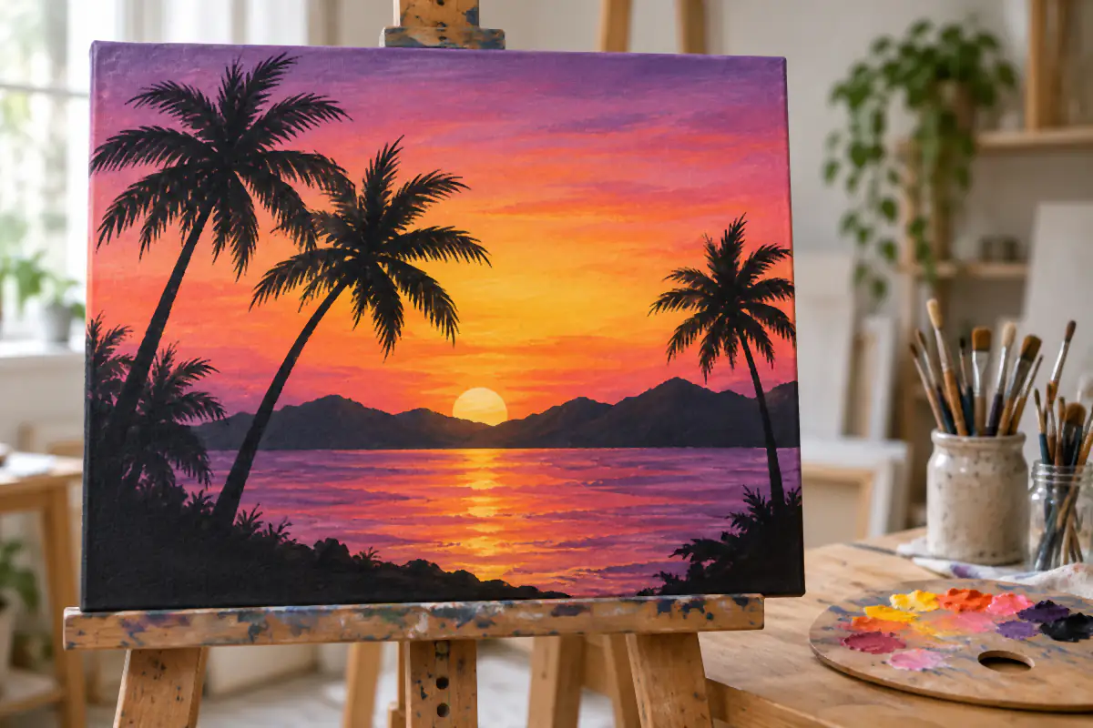 Ideas para pintar en lienzo: 20 cuadros fáciles para empezar 3 Lienzo con siluetas de palmeras sobre un atardecer en degradado – Totenart